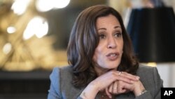 United States Vice President Kamala Harris speaks at a meeting on abortion rights and Roe v. Wade on June 14, 2022, in her office in the Eisenhower Building on the White House complex in Washington. (AP Photo/Jacquelyn Martin)