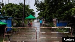 A street blocked by barricades is seen amid the outbreak of the coronavirus disease (COVID-19), in Sittwe, Rakhine State, Myanmar August 24, 2020. REUTERS/Stringer NO RESALES NO ARCHIVES