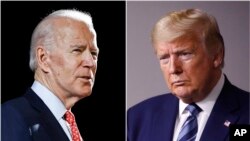 Tư liệu: Ảnh ghép, bên trái là cựu Phó Tổng Thống Joe Biden, chụp ngày 12/3/2020. Bên phải, Tổng Thống Donald Trump chụp ngày 5/4/2020. (AP Photo, File)